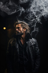 Fashion model male dressed in black surrounded by flowing white smoke