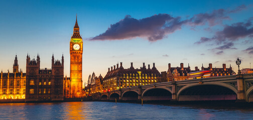 Big Ben, Palace of Westminster aka Houses of Parliament and Westminster's bridge at dusk, London,...