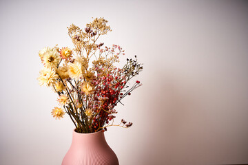 Trockenblumen in einer Rosa Vase. Minimalistische & moderne Ästhetik.