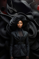 Fashion model female draped in flowing black fabric