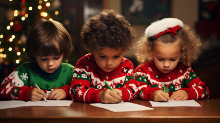 Merry Christmas and Happy Holidays! Cute little kids writing the letter to Santa Claus near Christmas background