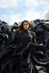 Fashion model female draped in flowing black fabric