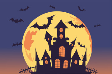 Halloween background with haunted house, full moon and bats, Halloween spectral House, Halloween party poster