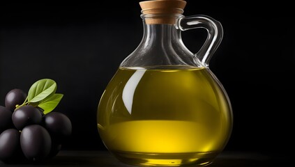 Large Glass Jug Filled with Olive Oil and Surrounded by Ripe Black Olives