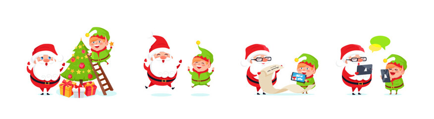 Santa Claus big Christmas and New Year set. Set of funny cartoon Santa with different emotions and situations. Happy old man with white beard. Santa with elf. Christmas scenes for your festive design
