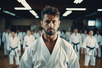 sensei teacher master man wearing white kimono and black belt and the students
