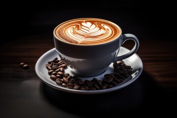 Coffee cup latte on roasted coffee beans
