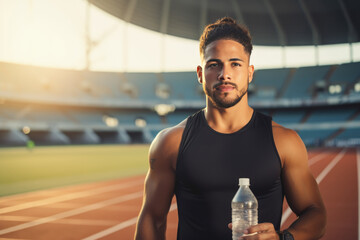 A Latin American athlete holds a bottle of water in his hands - obrazy, fototapety, plakaty