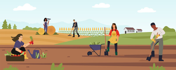 Agricultural workers work on farm landscape, collect harvest