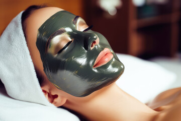 Beautiful Woman Lying On A Bed In A Beauty Salon With A Black Charcoal Peel Off Mask On Her Face. Ai Generated
 - obrazy, fototapety, plakaty