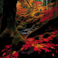 red autumn leaves in the forest
