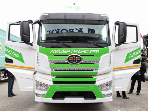 Moscow, Russia &ndash; 04 18 2023: FAW semi truck hauler on leaddertrans stand on TransRussia Exhibition in Crocus Expo
