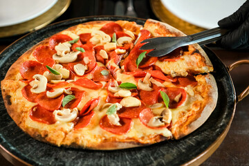 Pizza italiana gourmet com cogumelo e manjericão