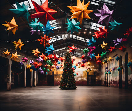Fondo navideño colorido con estrellas y luces boken y brillos, esferas colgantes referentes a escenas navideñas