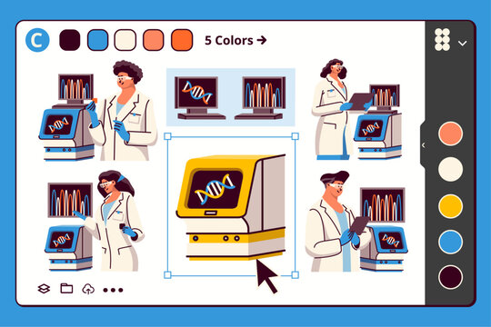 DNA Scientist an icon bundle. Set of scientist activities on DNA testing machine, such as sequencing, extraction and cloning. DNA helix molecule structure vector illustrations in flat web design