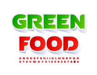 Vector bright concept Green Food. Red Sticker Font. Creative Alphabet Letters, Numbers and Symbols.