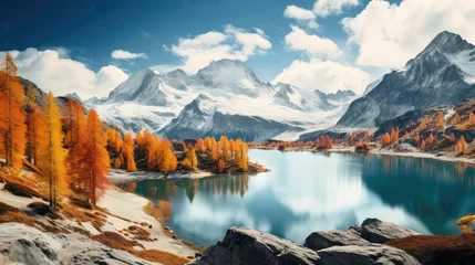 Schilderijen op glas outdoor autumn alps alpine illustration mountain background, peak scenery, beautiful forest outdoor autumn alps alpine © sevector