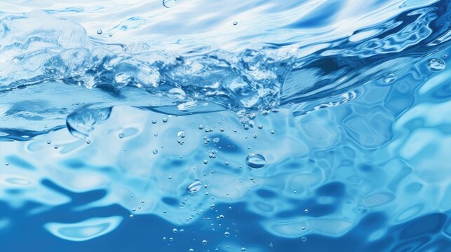 Close up of water waves and bubbles on blue background. ai generative