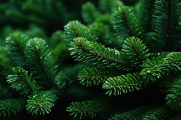 Beautiful green fir tree branches close up, Christmas and winter concept