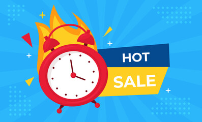 Vector banner sale countdown badge. Last time offers icon. Last chance, hot sale promo discount. Alarm clock on blue background.