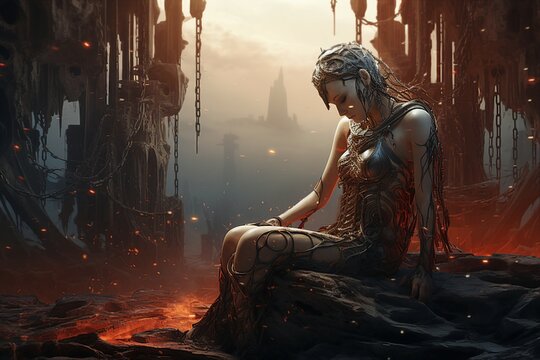 Escaping the Cage: A Futuristic Symbolic Illustration of Suffering, Stress, Resentment, and Depression