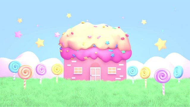 Looped cartoon candy house and lollipops on green grass field animation.