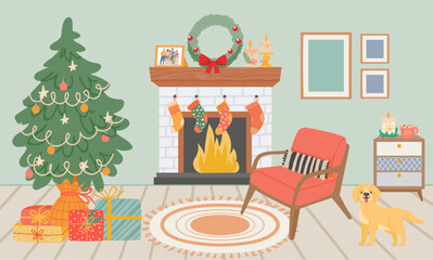 Fototapeta na wymiar Christmas interiors room with fireplace and chair