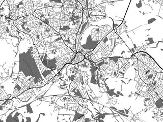 Greyscale vector city map of  Dewsbury in the United Kingdom with with water, fields and parks, and roads on a white background.