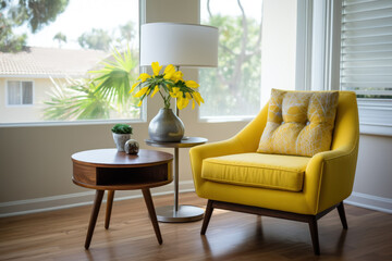 a yellow armchair next to a round coffee table