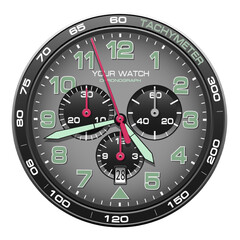 Realistic watch clock chronograph dashboard grey steel black  green number pink arrow design luxury for men on white background vector