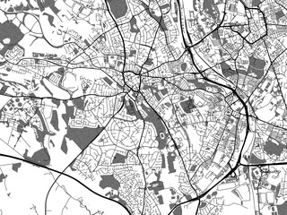 Greyscale vector city map of  Newcastle-under-Lyme in the United Kingdom with with water, fields and parks, and roads on a white background.