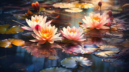 Blooming Lilies Floating on Serene Pond Surface, Water's Gentle Floral Gems, - obrazy, fototapety, plakaty