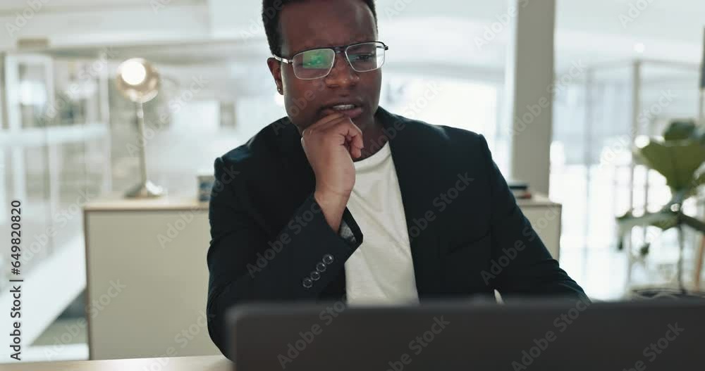 Poster doubt, thinking and black man on laptop in business startup office, planning and problem solving. co