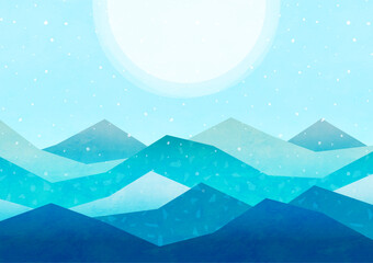 冬の雪山と月の風景 シンプルな水彩背景イラスト
