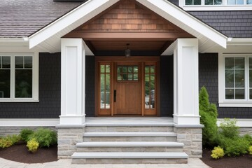 Wooden entrance door with porch and landing