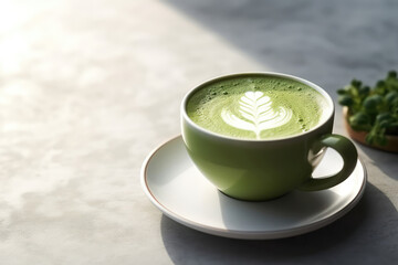 Matcha Latte On Plate In Minimalist Cafe