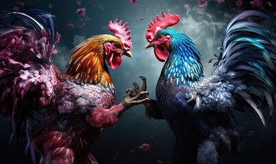 Two muscular roosters fight - obrazy, fototapety, plakaty