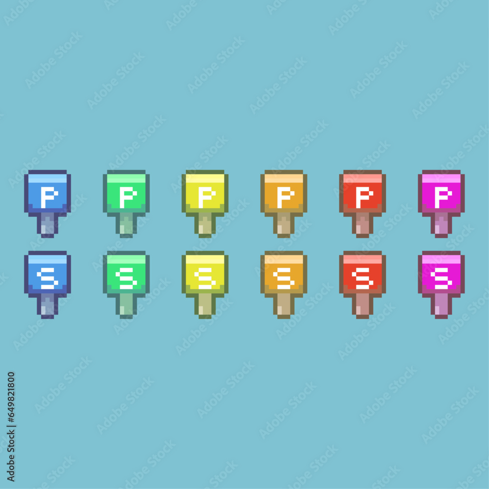 Poster pixel art sets of parking and stop sign with variation color item asset. simple bits of sign plank o