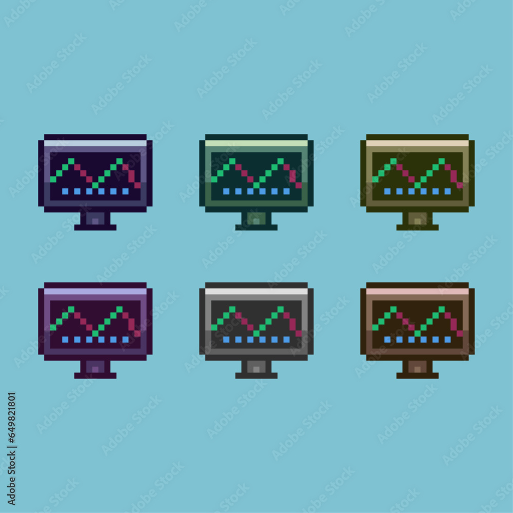Fototapete pixel art sets of monitor with business graph with variation color item asset. simple bits of pc on 