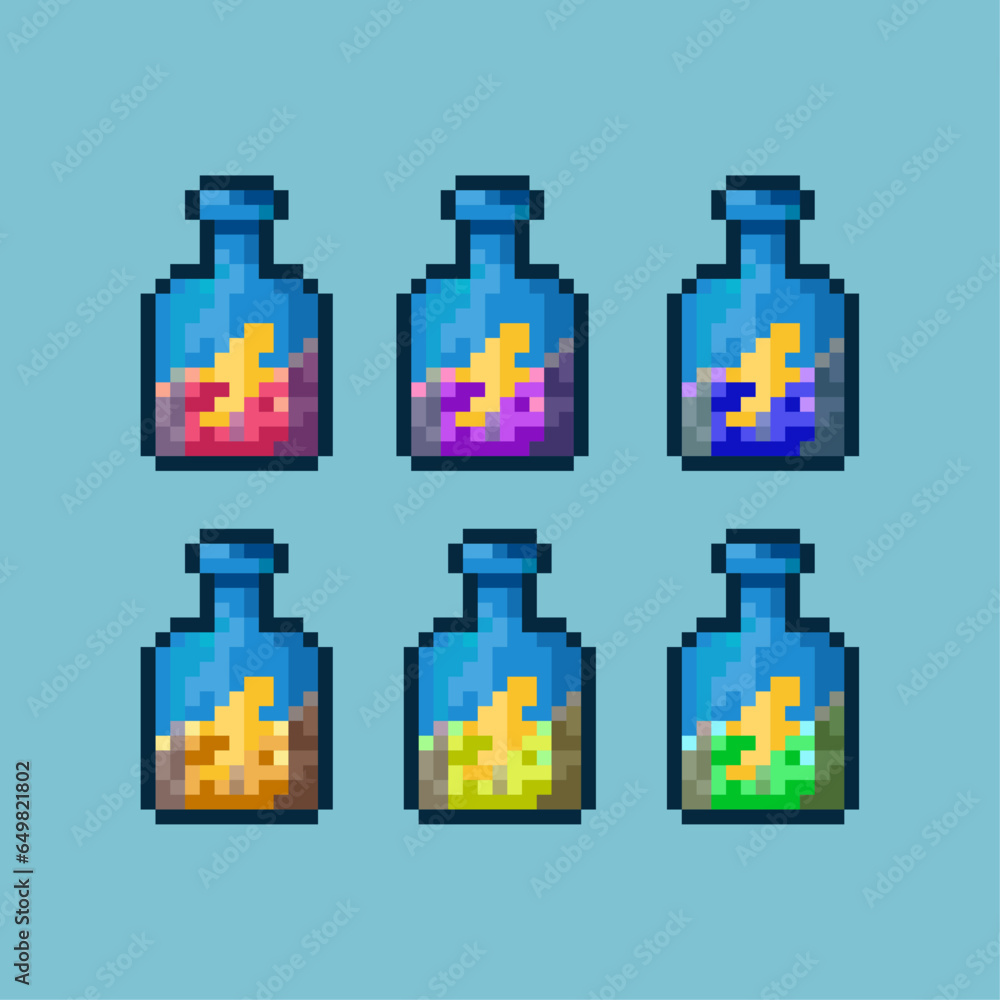 Fototapete pixel art sets of potion with energy sign with variation color item asset. simple bits of potion on 