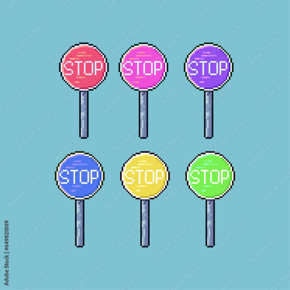 Poster pixel art sets of stop sign with variation color item asset. simple bits of street traffic stop sign