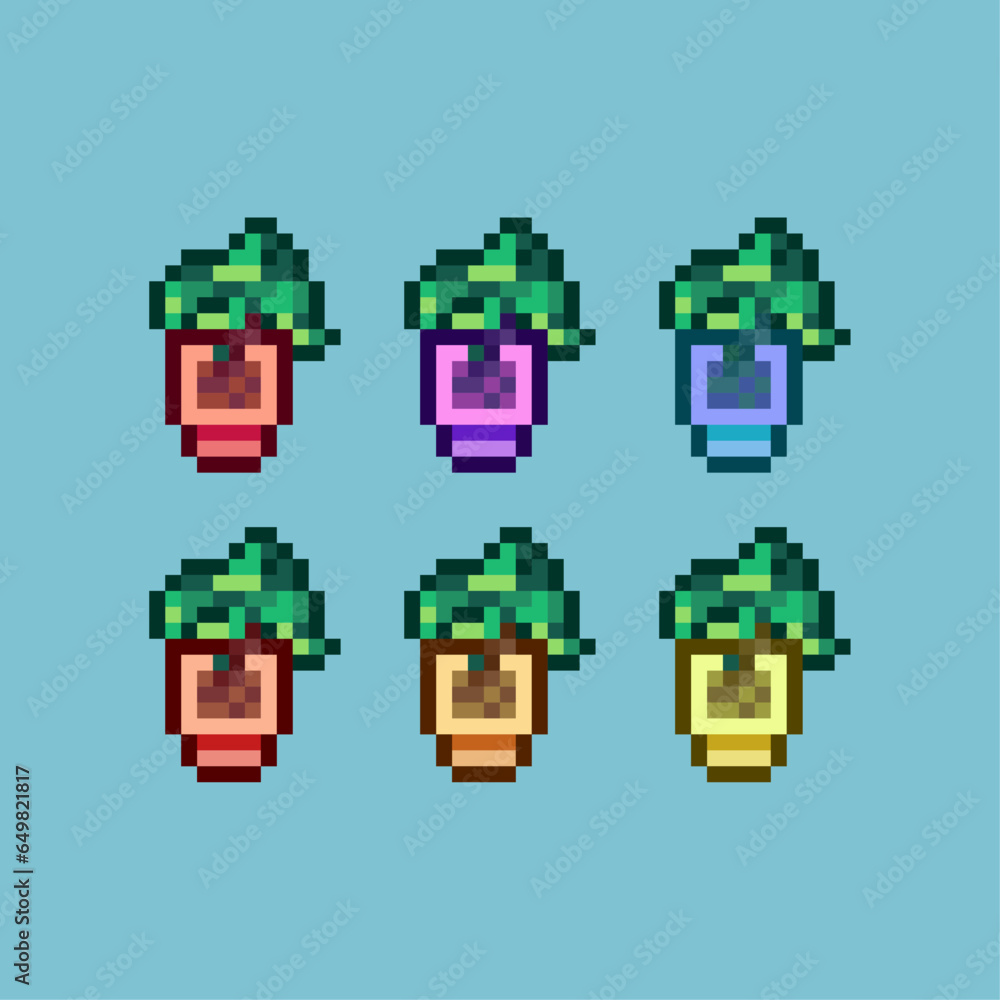Poster pixel art sets of plant from top down view with variation color item asset. simple bits of plant on 