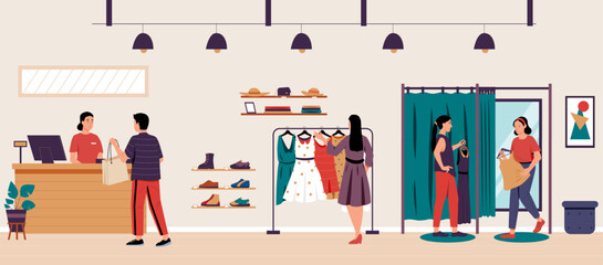 Fashion boutique store interior, clothes and shoes