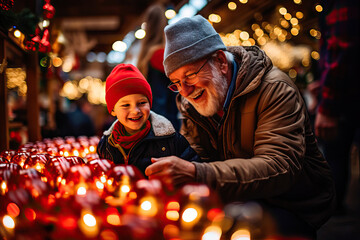 Grandfather and grandson looking Christmas decoration on a Christmas market