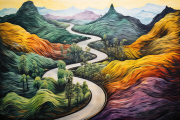 Road Winding Through Mountains Painted With Crayons
