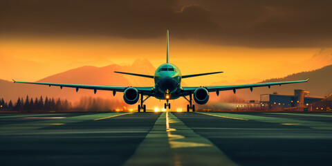 Obraz premium A private flight takes off on business from an airport in the mountains. AI Generation 