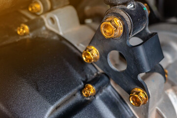 The golden nut is fixed firmly on the motorcycle.