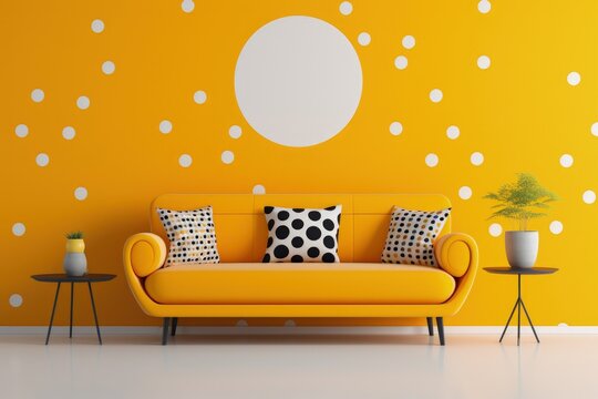 Yellow sofa and coffee tablea gainst of circle patterned wall
