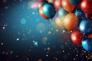 Happy Birthday Background with Balloons and Confetti and blue nuances