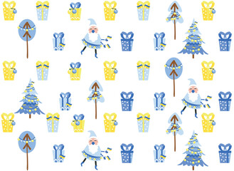 christmas pattern with holiday details (santa claus,snowflake, gifts, balls, candy, snowman). Vector illustration